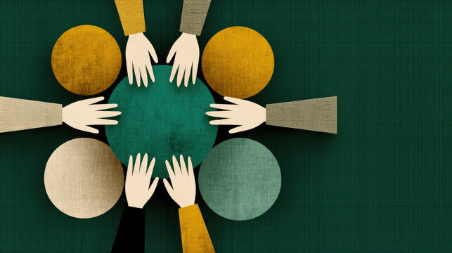 Collaborative Teamwork Concept with Diverse Hands and Colorful Circles on Green Background