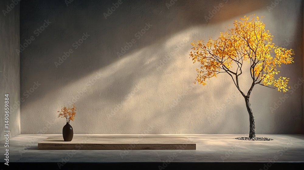 Poster minimalist zen space with autumnal tree. sunlight streams in, highlighting textures