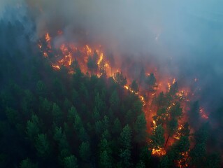 Low-angle view of Drone shot of a wildfire consuming a green forest.