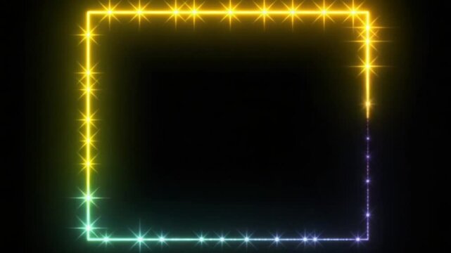 Colorful rectangular frame with light effect of small star shape gathered on black background with copy space. Video animated background.