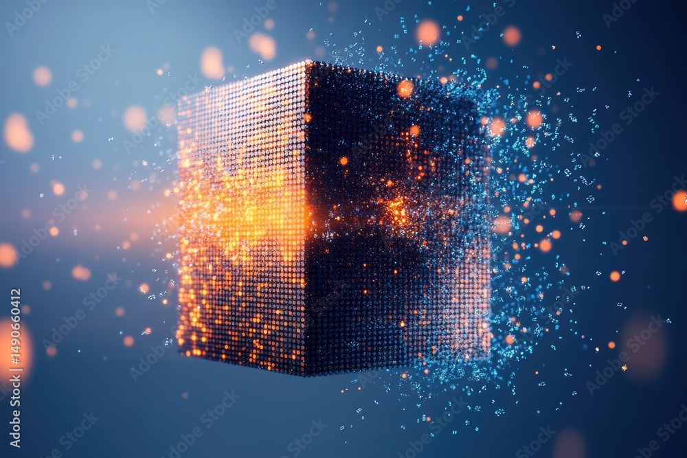 Poster abstract cube dissolving into particles