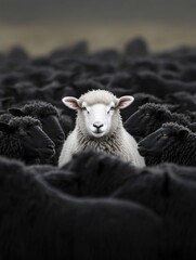 Obraz premium Unique white sheep standing out among black sheep in a pastoral landscape capturing nature's diversity and individuality