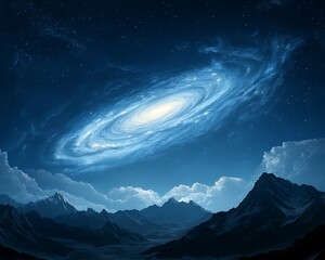 Cosmic landscape, star-studded night, majestic mountains
