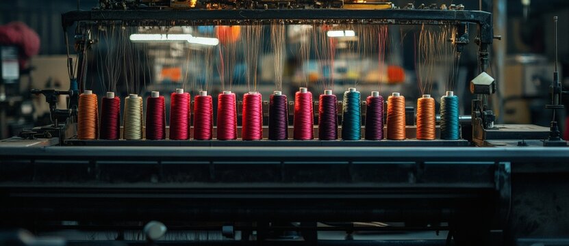 Spools of thread on embroidery machine in garment industry are vibrant and organized
