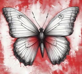 painting of a butterfly on a red background. Illustration 