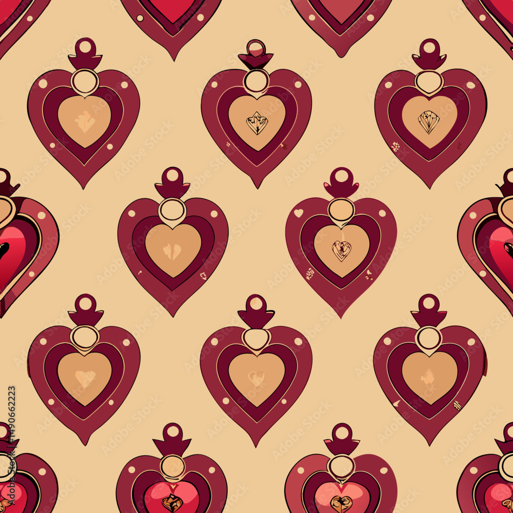 Poster symmetrical heart locket seamless vector pattern in warm colors