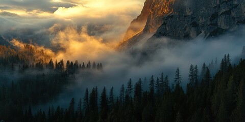 Fototapeta premium Ethereal Dolomites Sunset: Abstract Commercial Background for Automotive Advertising. Golden Light Bathes Misty Peaks, Foggy Forests Below. Dreamy Italian Mountain Landscape Creates Mystical Atmospher