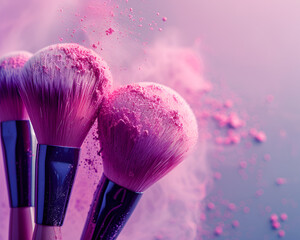Makeup brushes with soft pink powder explosion isolated on white background beauty product still life cosmetic tool