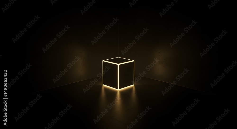 Poster a glowing cube with golden edges in a dark room with reflections below