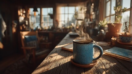 Cozy Cabin Steaming Coffee Mug on Wooden Table with Sunlight  Rustic Interior.