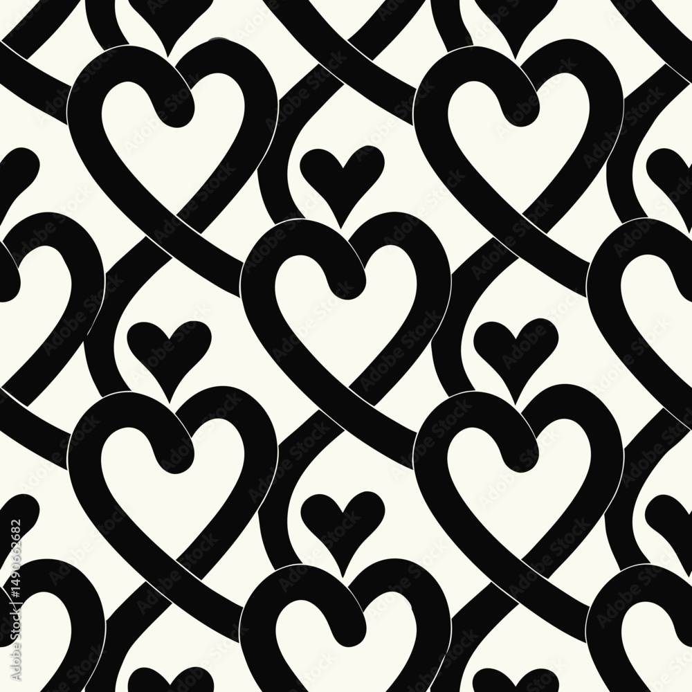 Poster seamless velvet ribbon loop vector pattern with hearts in black and white
