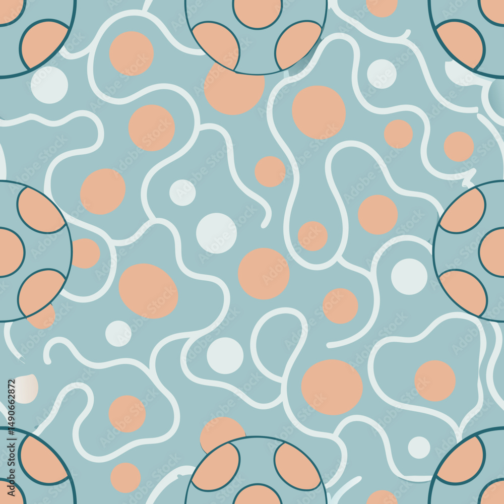 Poster abstract seamless vector pattern with pastel circles and wavy lines