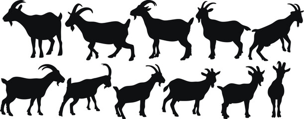 Collection of goat silhouettes in various poses, perfect for farm logos, livestock graphics, mountain wildlife designs, and rural decor. Black and white silhouette of Goat isolated on white background