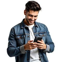 A young man using mobile phone isolated on transparent background