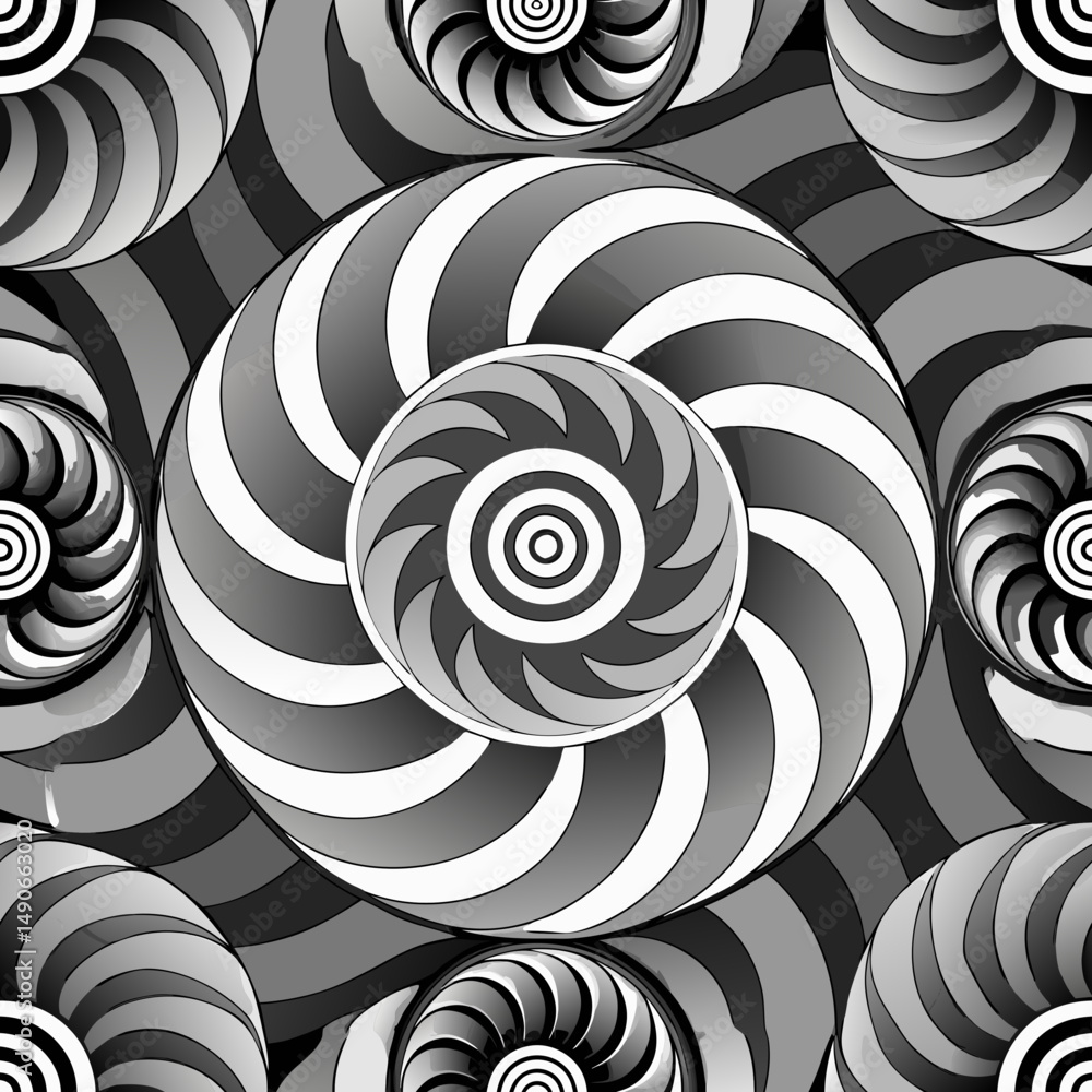 Poster abstract seamless vector pattern with spiral shapes in black and white
