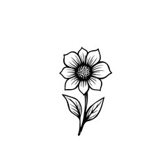Monochrome botanical illustration of a simple flower with leaves on a white background