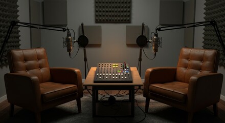 Professional Podcast Studio Setup - Modern podcast recording studio with two leather armchairs, microphones, and mixing console. Ideal for broadcasting and audio production