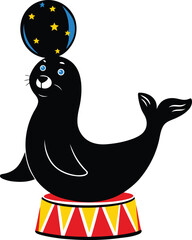 A cute seal balancing a ball and sitting a circus pedestal line art vector graphics design, seal balancing a ball and sitting a circus pedestal silhouette vector illustration design