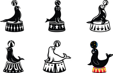 A cute seal balancing a ball and sitting a circus pedestal line art vector graphics design, seal balancing a ball and sitting a circus pedestal silhouette vector illustration design set © Hai