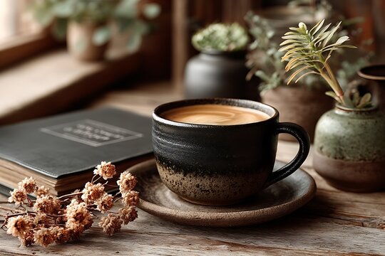 Cozy coffee break latte art in a rustic mug with books and plants on a wooden table.