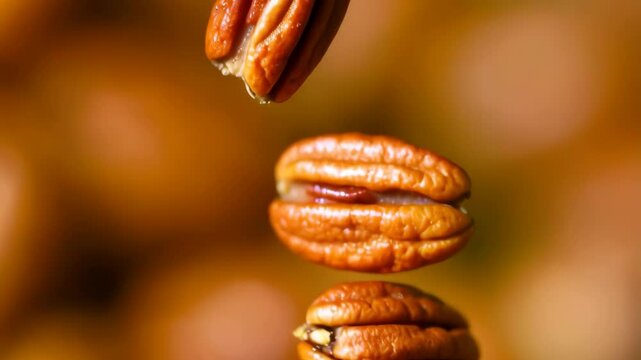 Close-up shot of three pecans stacked vertically with an orange background in a studio setting, offering a unique culinary perspective.