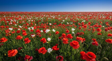 Obraz premium Red and White Poppies Field Under Blue Sky - Serene landscape of red and white poppies blooming in a vast field under a clear blue sky. Symbolizing beauty, peace, remembrance, hope