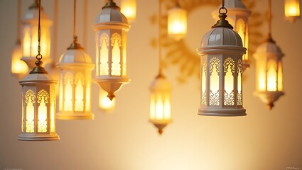 Obraz premium Celebratory Eid Mubarak, Ramadan, Eid Adha Artwork with Suspended Lanterns & Warm Glow