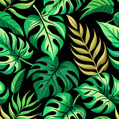Lush green tropical leaf seamless vector pattern on black background  