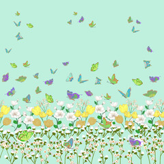 Butterflies Flutter Gracefully Over Blooming Spring Flowers in a Serene and Colorful Garden Landscape pattern for design fabric and decoration 