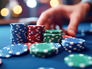 Naklejka premium A hand reaches for colorful poker chips stacked on a casino table, with blurred lights in the background.