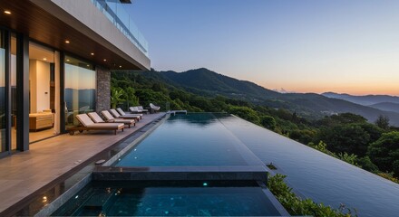Obraz premium Scenic Mountain View Home Infinity Pool - Luxury home, infinity pool, scenic mountain views, tranquil setting, modern architecture. Symbolizing: serenity, luxury, escape, breathtaking views