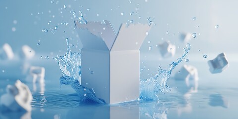 Dynamic Milk Splash: Creative Abstract Commercial Background for Automotive Advertising. Falling Carton Creates Dramatic Water Effect on Blue-White Backdrop. High-Resolution 3D Rendered Scene Captures