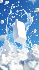 Dynamic Milk Splash: Creative Abstract Commercial Background for Automotive Advertising. Falling Carton Creates Dramatic Water Effect on Blue-White Backdrop. High-Resolution 3D Rendered Scene Captures