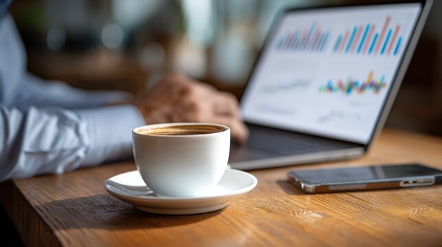 A businessman working on laptop with coffee cup on wooden table Financial data analysis and business strategy