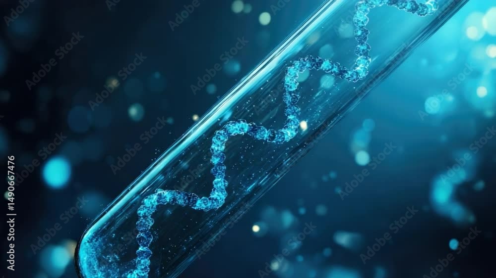 Poster macro view of a test tube containing blue liquid under a bright light with molecular structures and 
