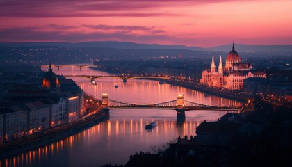 Fototapeta premium Cityscape at dawn over river
