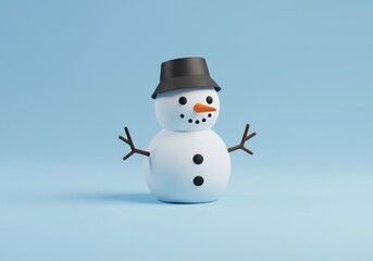Fototapeta premium Snowman Standing on Blue Background Winter Holiday