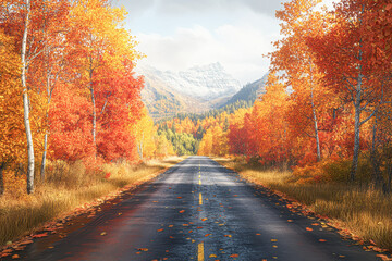 Obraz premium A scenic mountain road lined with vibrant autumn trees, colorful foliage, and fallen leaves under a partly cloudy sky.