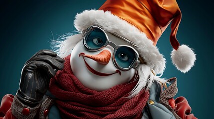 there is a snowman wearing sunglasses and a santa hat talking on a cell phone