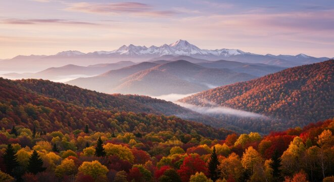 Autumnal mountain vista, with colorful foliage, misty valleys, and snow-capped peaks at sunrise