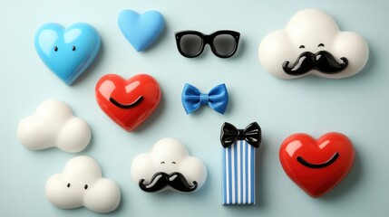 Father's Day 3D Graphic Design, Light Blue Background with Red Blue Hearts (Smiley Faces), White Clouds (Mustache Shapes), Black Sunglasses, Blue Black Bow Ties & Striped Rectangles