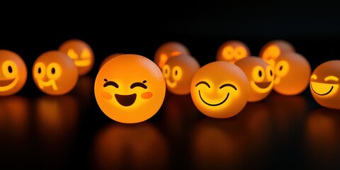 Neon-lit emoji feedback on black, rendered in photorealistic 3D