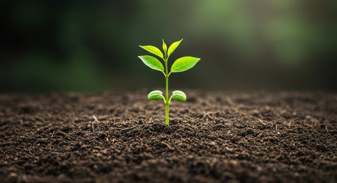 Small Green Tree Sprout in Soil - A tiny green tree seedling emerges from dark soil, symbolizing growth, new beginnings, environmental conservation, spring, and life