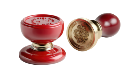 Red Rubber Stamp with Brass Head: A detailed close-up of a classic red rubber stamp with a brass head, showcasing intricate detailing and a professional aesthetic.