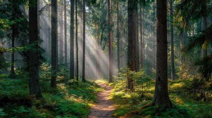 Serene Forest Path Sunbeams Illuminate a Misty Trail Through Lush Green Trees