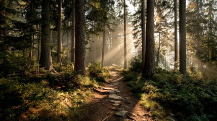 Obraz premium Sunbeams Illuminate a Misty Forest Path Serene Nature Trail in Woods