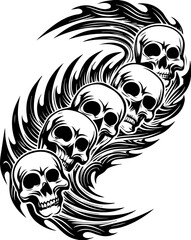 SVG of a flaming skull tattoo in dark art style. Flowing Skull Design with Flames in Black and White Style
