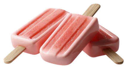 Pink Popsicles: Two refreshing pink popsicles on wooden sticks, angled against each other, showcasing their icy texture and summery appeal.