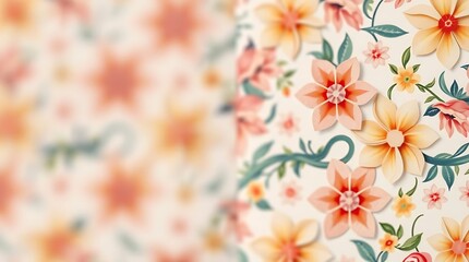 A charming floral pattern with stylized flowers and leaves in warm tones, featuring a split-focus effect with one side sharp and the other beautifully blurred.