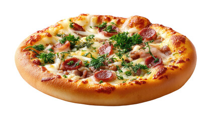 Savory Pizza Delight: A close-up shot captures a delicious pizza featuring melted cheese, pepperoni, herbs, and a golden crust, creating a visual feast.